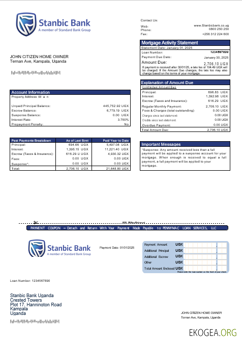 Relevé hypothécaire de la banque Stanbic de l'Ouganda aux formats Word et PDF